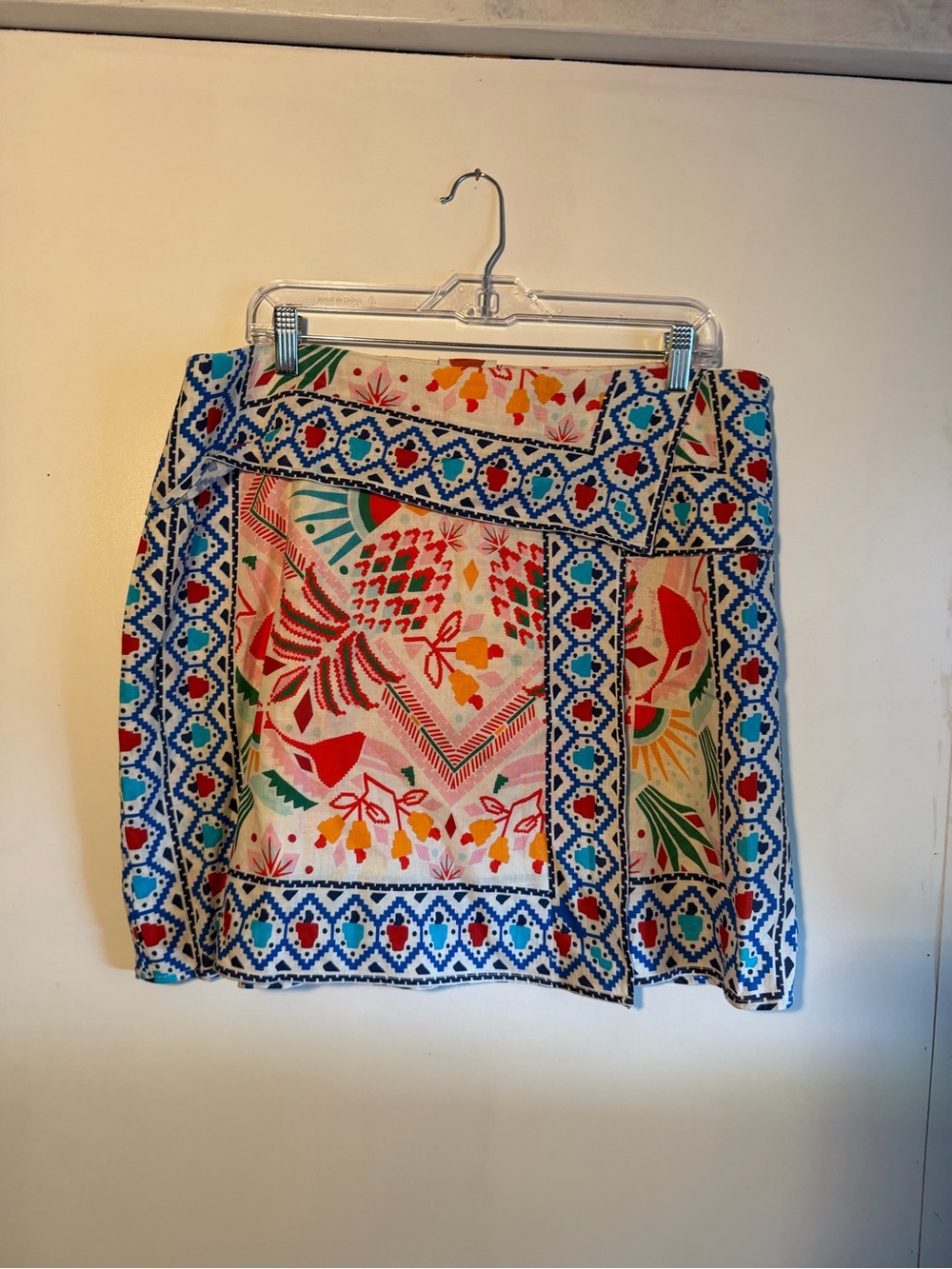 Farmrio  Cream Mini Skirt with Blue,Red & Green Patterned Border